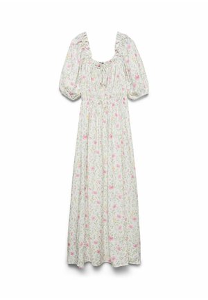 Hvit ankellang kjole med puffede ermer, rynket kropp, knytehals og rosa blomsterprint.
