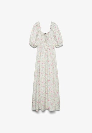 Hvit ankellang kjole med puffede ermer, rynket kropp, knytehals og rosa blomsterprint.