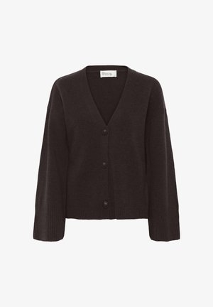 Cardigan marrón oscuro con escote en V, cierre de botones y puños acanalados. Textura suave con un ajuste relajado y mangas ligeramente oversized.