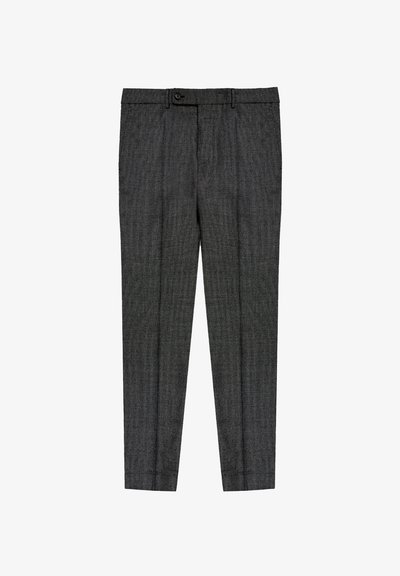 Graue gemusterte Hosen mit geradem Schnitt, Falten und Knopfverschluss. Aus einem strukturierten Stoff gefertigt. Flacher vorderer Bereich und gesäumte Bündchen.