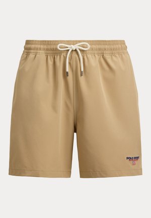 Bézs fürdőnadrág rugalmas derékpánttal és fehér zsinórral, a bal alsó lábszáron kis Polo Sport Ralph Lauren logóval.