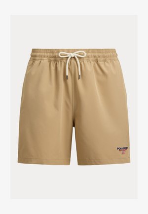 Beežid ujumispüksid elastse vöökohaga ja valge nööriga, millel on alumises vasakus sääres väike Polo Sport Ralph Laureni logo.