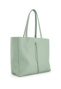 Muntgroene totebag van textuurleer, met twee lange hengsels, rechthoekige vorm en zonder zichtbare hardware of versieringen.