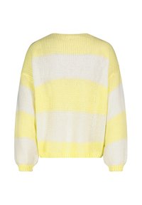 Hellgelb-weiß gestreifter, gestrickter Pullover mit entspanntem Schnitt, tiefen Schultern und gerippten Bündchen und Saum. Strukturiertes offenes Gewebe.