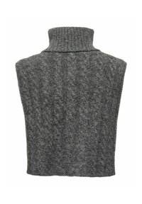 Grå strikket genser med høy hals og teksturert, ribbet stoff, i en avslappet, ermeløs design.