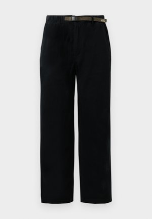 Black casual straight-leg trousers with elastic waistband and adjustable olive green belt with black buckle.