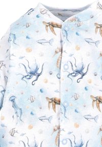 Babyblauwe romper met oceaan-thema illustraties van octopussen, zeeschildpadden, zeepaardjes, kwallen en vissen, en drukknopen aan de voorkant.