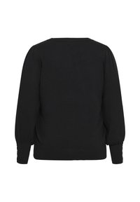Pull noir à manches longues vu de dos, avec poignets et ourlet côtelés, manches bouffantes et encolure droite. Aucun logo ou motif visible.