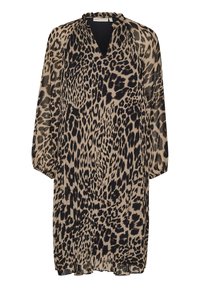 Robe à manches longues imprimé léopard avec tissu plissé, encolure en V et poignets élastiques dans des tons beige, noir et marron.