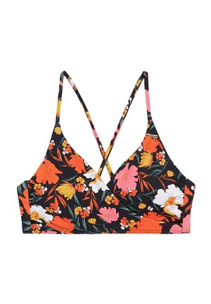 Ziedu bikini tops ar melnu fonu, kas rotāta ar daudzkrāsainiem ziediem oranžā, rozā un baltā krāsā. Krustota josta aizmugurē.