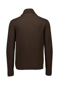 Brauner gerippter Strickpullover mit Kragen und langen Ärmeln. Die Textur ist glatt und weist ein einheitliches Muster auf.