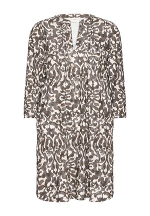 A long, loose-fitting dress featuring a dark brown and white abstract pattern, with a deep neckline and three-quarter sleeves.