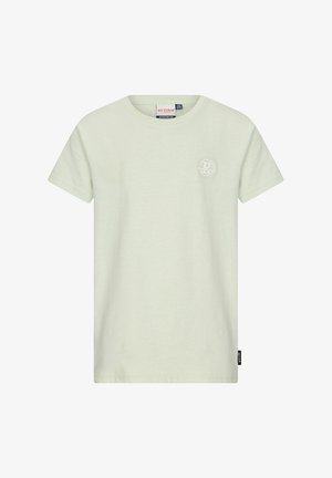 Maglietta in cotone grigio chiaro a maniche corte con piccolo logo rotondo sul petto sinistro e un'etichetta laterale nera vicino all'orlo.