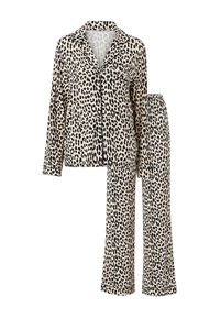 Pijama top i langærmet skjorte i leopardprint med brystlomme og matchende vidbenede pijama bukser.