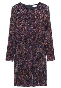 Robe à sequins avec manches longues, encolure ronde et fermeture éclair à l'arrière ; présente des sequins multicolores sur une base noire, surface texturée.