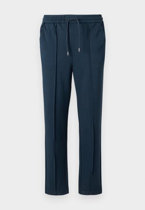Navy blue trousers with an elastic waistband and drawstring. Features side pockets and a straight leg design with a smooth texture.