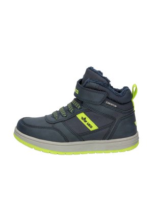 Blue high-top shoe with green accents, featuring a textured upper, padded collar, and Velcro strap. Rubber sole with traction pattern.