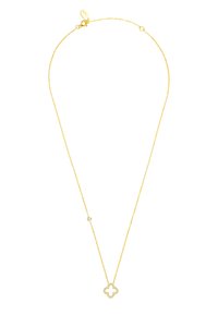 Goldene Halskette mit einer zarten Kette, die einen vierblättrigen Anhänger zeigt, der durch einen kleinen Edelstein entlang der Kette akzentuiert wird.