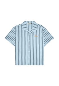 Short-sleeve button-up shirt in light blue with black vertical stripes, featuring a notched collar and small embroidered logo on the chest.
