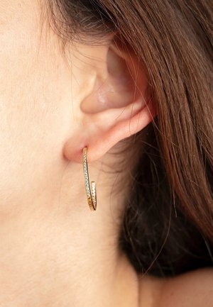 Gold hoop earring with a thin, elegant design, accented by small clear gemstones along its edge. Smooth texture and circular shape.