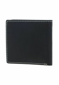 Portefeuille en cuir noir avec des coutures blanches, de forme rectangulaire, texture lisse et design plié. Aucune marque ou embellissement visible.