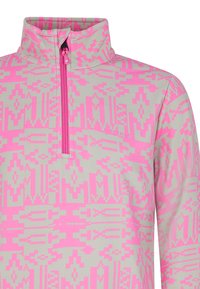 Pull léger en polaire avec un col haut, arborant un motif géométrique rose sur fond gris clair. Fermeture éclair sur le devant.