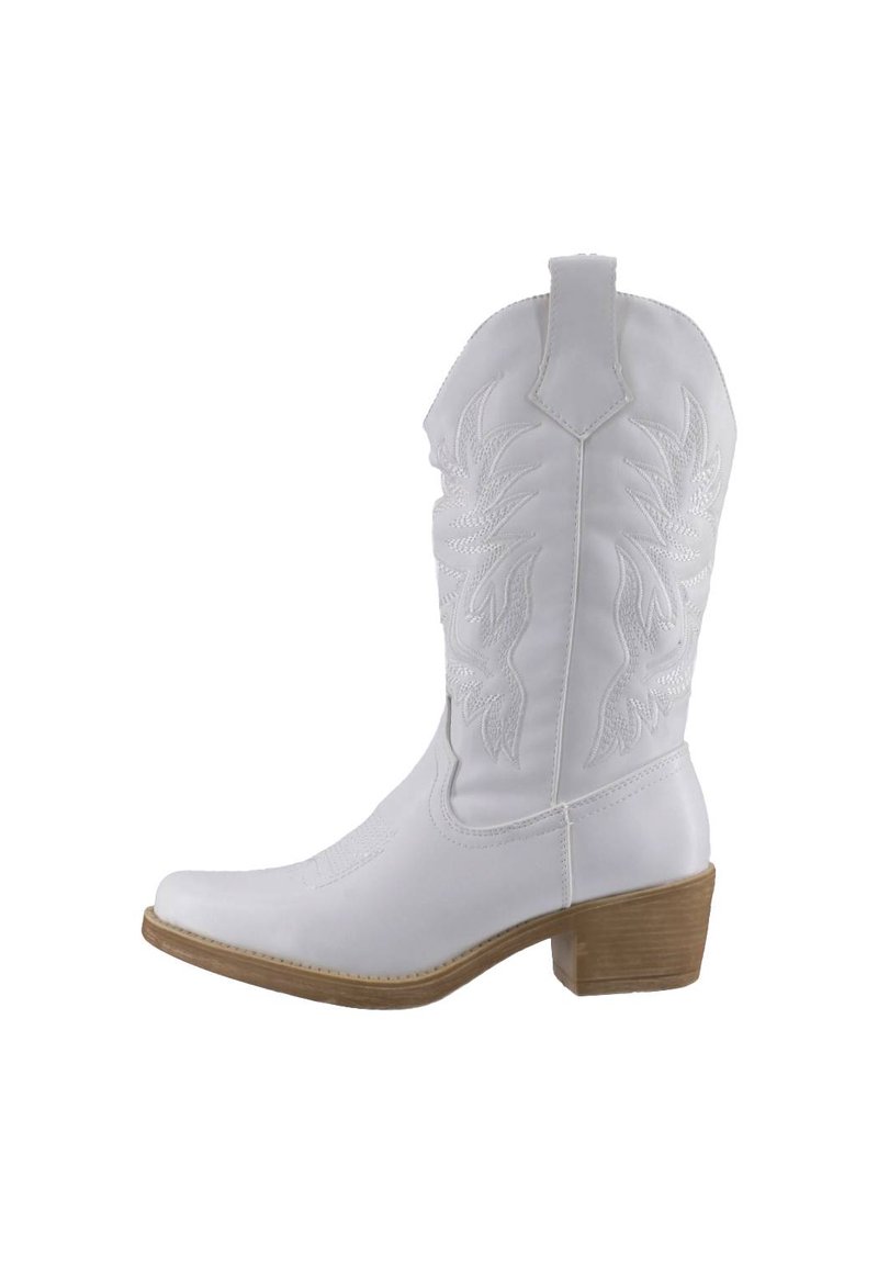Botas de vaquero de cuero blanco con diseño de bordado en relieve, puntera puntiaguda, costuras decorativas y un tacón bajo y rectangular de madera.