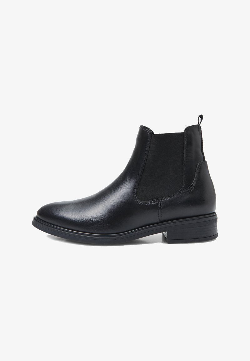 Bottine en cuir noir avec une surface lisse, des panneaux latéraux élastiques, un bout arrondi et un petit talon carré. Détails de couture minimalistes.