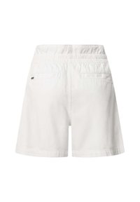 Beli denim kratke hlače z elastičnim pasom, dvema zadnjima žepoma in gladko teksturo. Oblikovanje ima ravno rez in minimalno detajliranje.