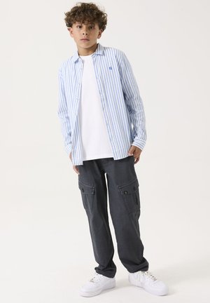 Camisa de cuadros azul y blanca sobre una camiseta blanca sencilla, combinada con pantalones cargo gris oscuro y zapatillas blancas.