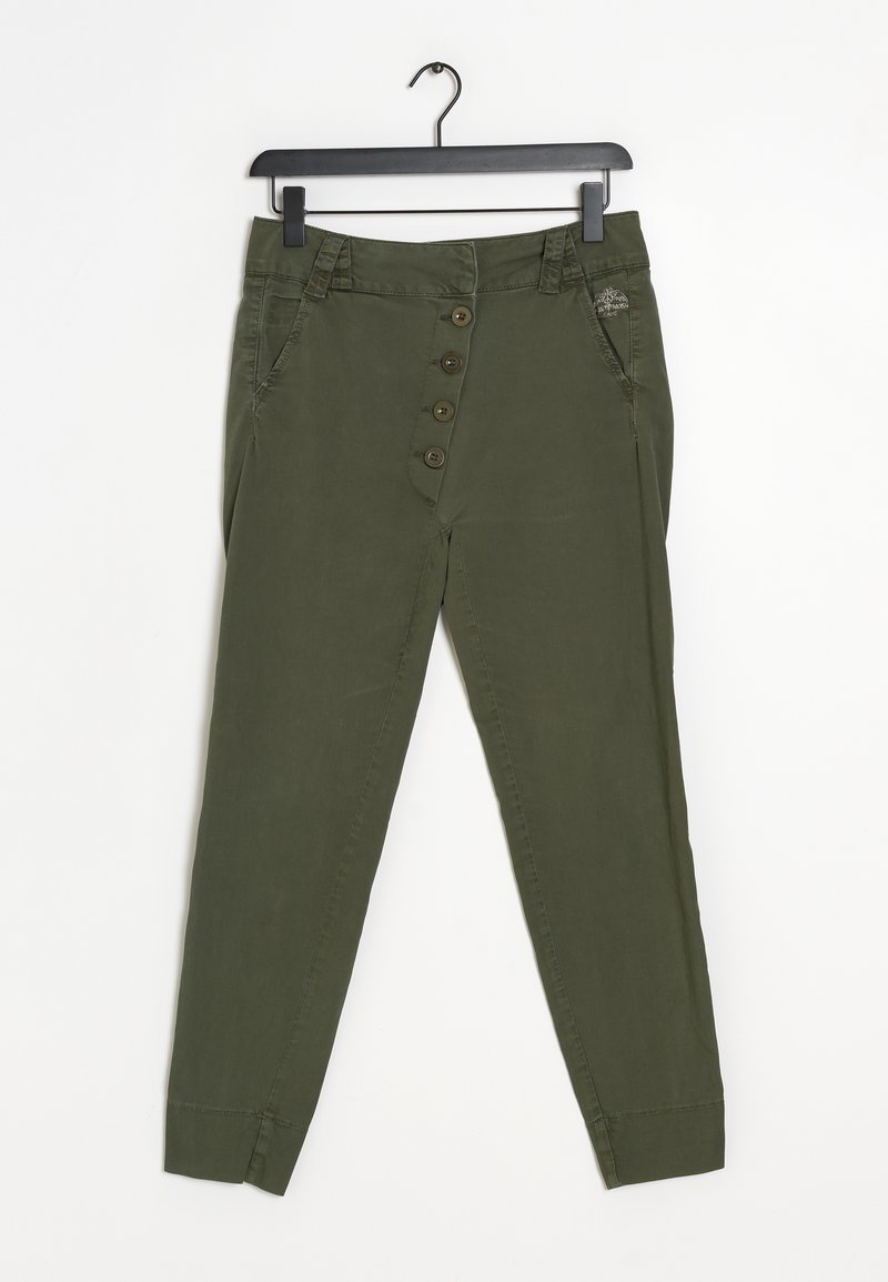 Olijfgroene broek met een slim fit, vijf knoopsluitingen en twee zijzakken. Gemaakt van zachte stof met een gladde textuur en een gestikte zoom.