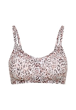 Sport-BH mit Leopardenmuster, dünnen doppelten Schulterriemen und nahtlosem Design, dargestellt vor weißem Hintergrund.