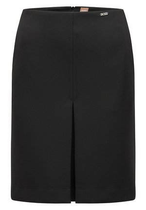 Zwarte knielange rok met een centrale split aan de voorkant, een rits aan de achterkant en een klein metalen "BOSS" logo aan de bovenste rechterkant.