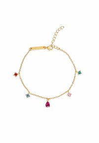 Pulsera de cadena de oro que presenta cinco piedras preciosas coloridas en varias formas: roja, azul, verde, rosa y púrpura. Incluye un cierre y una cadena ajustable.