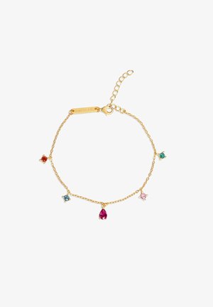 Bracelet en chaîne dorée comportant cinq pierres précieuses colorées de différentes formes : rouge, bleu, vert, rose et violet. Inclut un fermoir et une chaîne ajustable.
