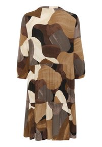 Barna és bézs mintás ruha háromnegyedes ujjal, kerek nyakkivágással és réteges szoknyával. Puha, texturált anyagból készült.