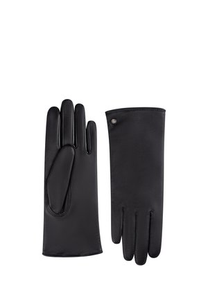 Pair of black leather gloves, one showing palm side with thumb detail, the other showing back with a small metal button near wrist.