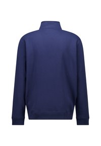 Navy blue sweatshirt with a high collar, long sleeves, and ribbed cuffs. Made of soft fabric with a smooth texture and a minimalist design.