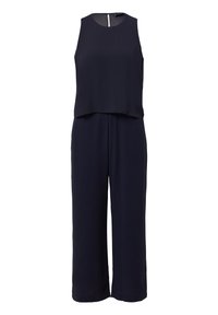 Navyblauwe mouwloze jumpsuit met een losse pasvorm, voorzien van een ronde halslijn en een discreet rits aan de achterkant. Glad materiaal met een wijd gesneden pijpen.
