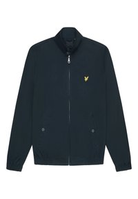 Navy blue jacket made of lightweight fabric, featuring a high collar, front zip, two side pockets, and a small yellow logo on the chest.