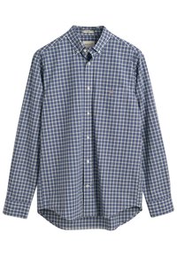 Camisa de cuadros azul y blanca de manga larga con cuello abotonado, que presenta un único bolsillo en el pecho y un dobladillo curvado. Material de algodón.