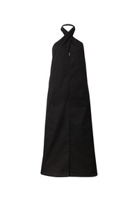 Zwarte halterjurk met een crossover ontwerp, gemaakt van een lichtgewicht stof. Beschikt over een rechte silhouet en een vloerlange snit.