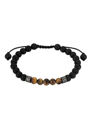 Verstelbare armband met kralen van zwarte lavasteen, zes centrale bruine tijgeroogkralen en zilverkleurige tussenringen op een zwart gevlochten koord.