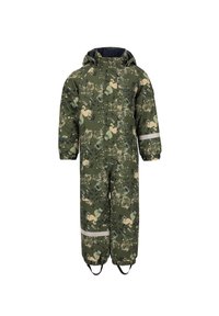 Camouflage-mønstret vandtæt heldragt i grøn, beige og marineblå. Med hætte, elastiske manchetter og reflekterende striber på benene.