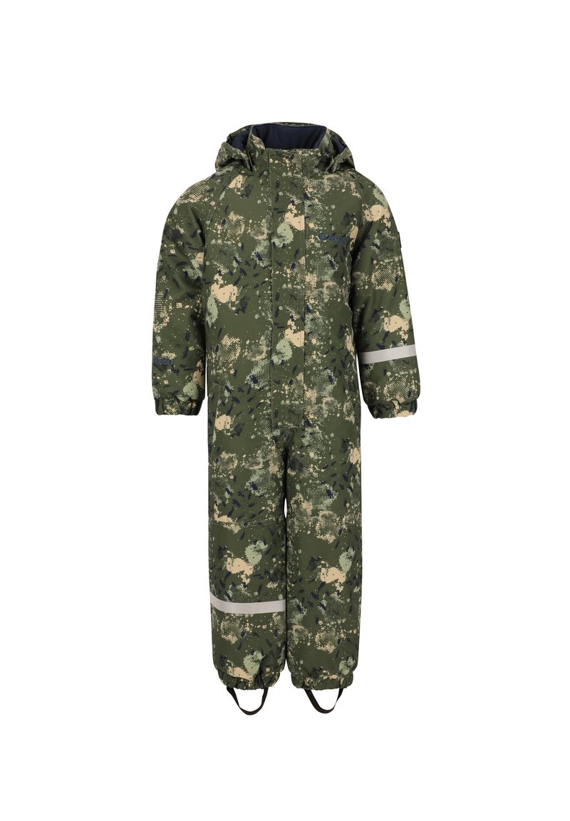 Groen en beige camouflagepatroon waterdichte overall met een capuchon, voorzien van elastische manchetten, reflecterende strepen en verstelbare enkelriemen.