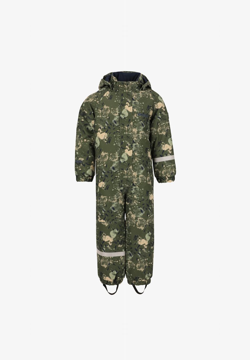 Green and beige camouflage patterned waterproof overall with a hood, featuring elastic cuffs, reflective stripes, and adjustable ankle straps.