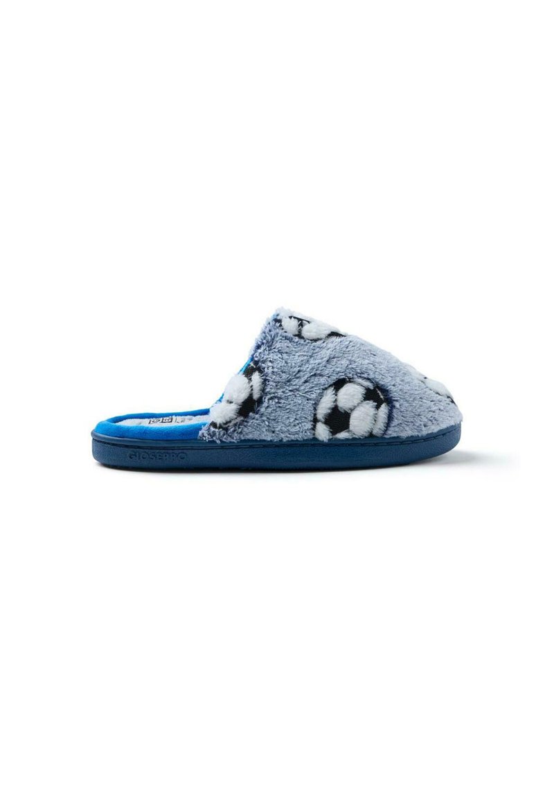Pantuflas azules y grises hechas de piel suave, con un patrón de balón de fútbol. Tienen un interior acolchado y una suela duradera.