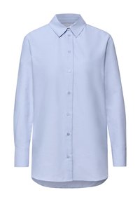 Vaaleansininen pitkähiha paita, jossa on napitettava etuosa, klassinen kaulus ja kaareva helma. Valmistettu sileästä, kudotusta kankaasta.