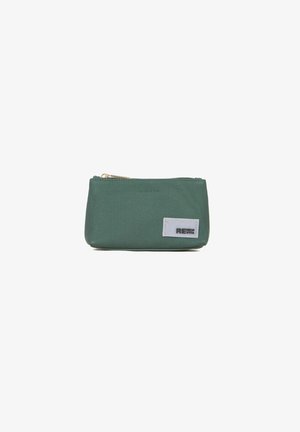 Green textured pouch made of fabric, featuring a gold zipper and a rectangular white label with "RENEW VITA" printed in black.