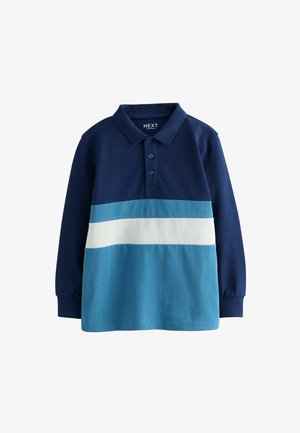 Námořnicky modrá polokošile s dlouhým rukávem, která má vodorovný blokový vzor v světle modré a bílé barvě, s límečkem a légu se třemi knoflíky.